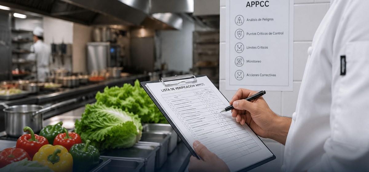 Chef revisando una lista APPCC en una cocina profesional