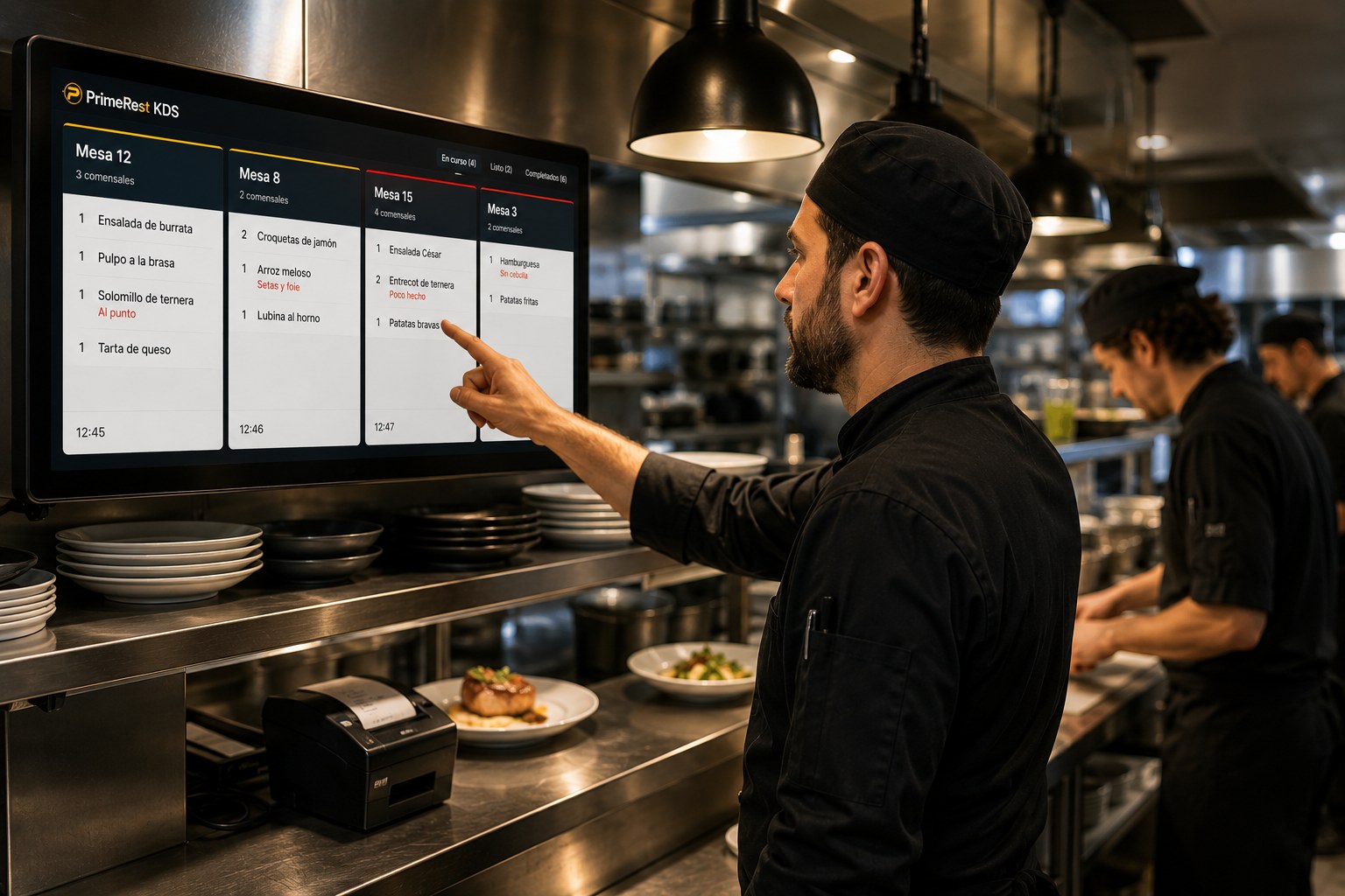 Chef gestionando comandas en pantalla KDS dentro de una cocina profesional