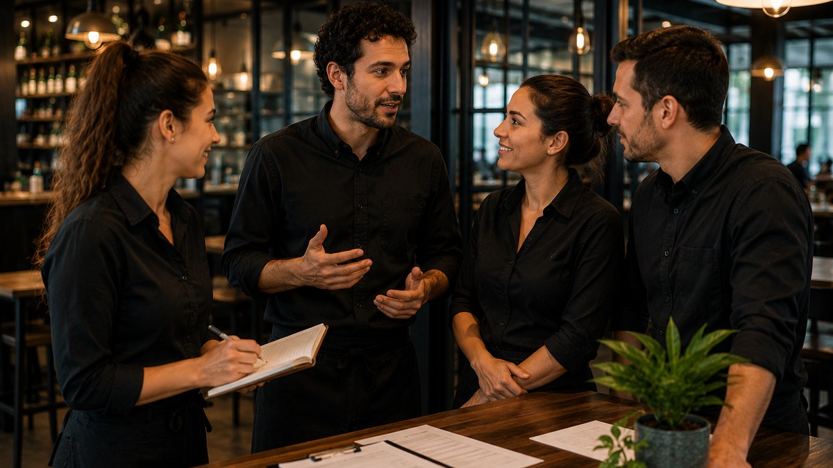 Equipo de restaurante reunido para organizar turnos y tareas