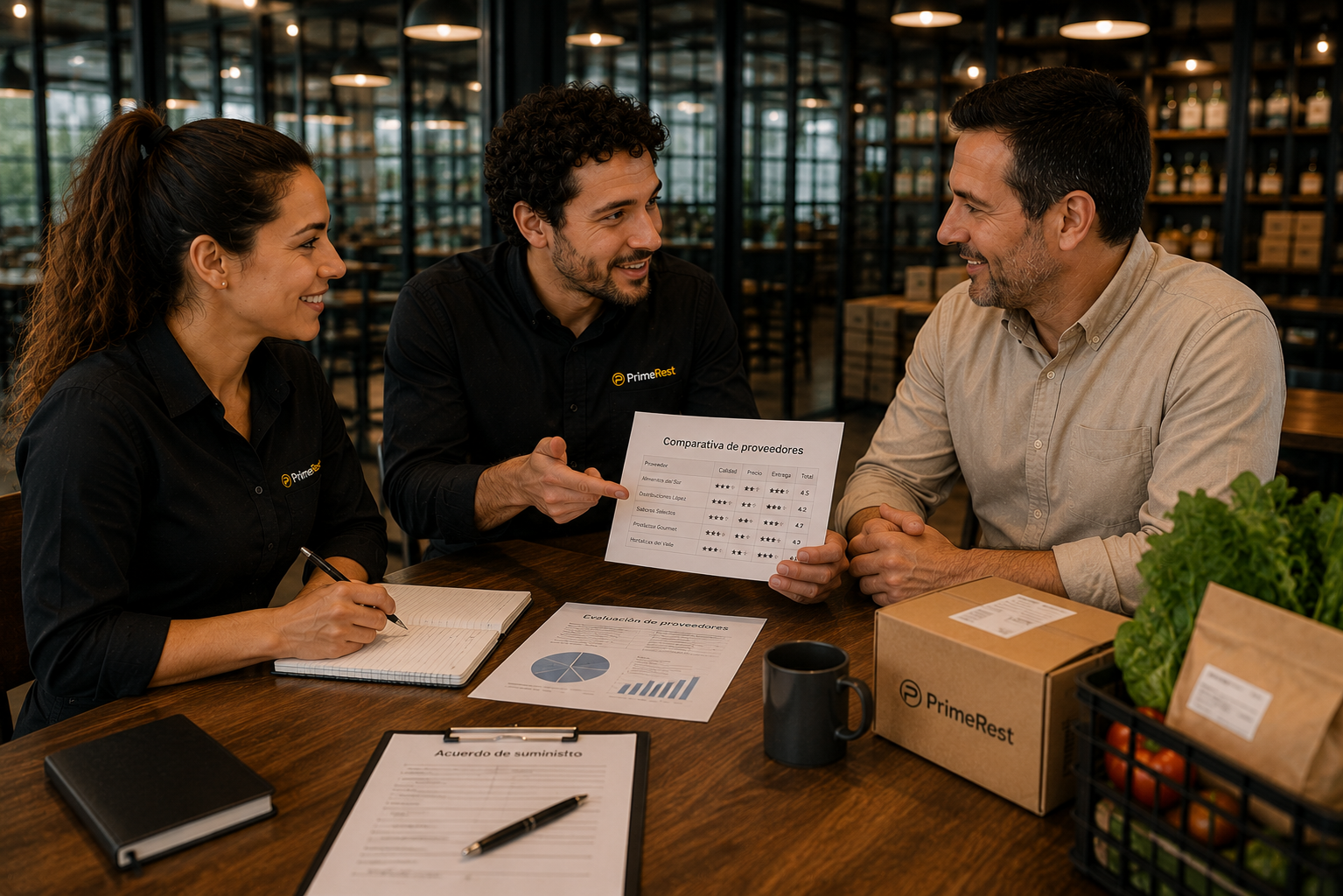 Reunión para gestionar proveedores y compras de restaurante