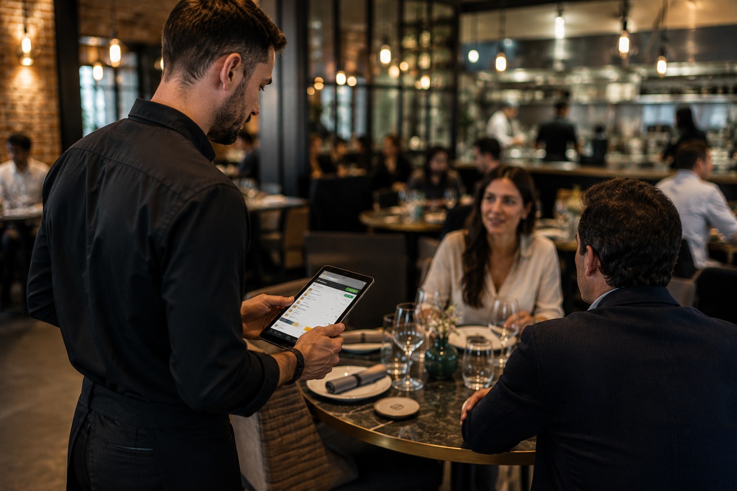 Camarero tomando una comanda con tablet en un restaurante