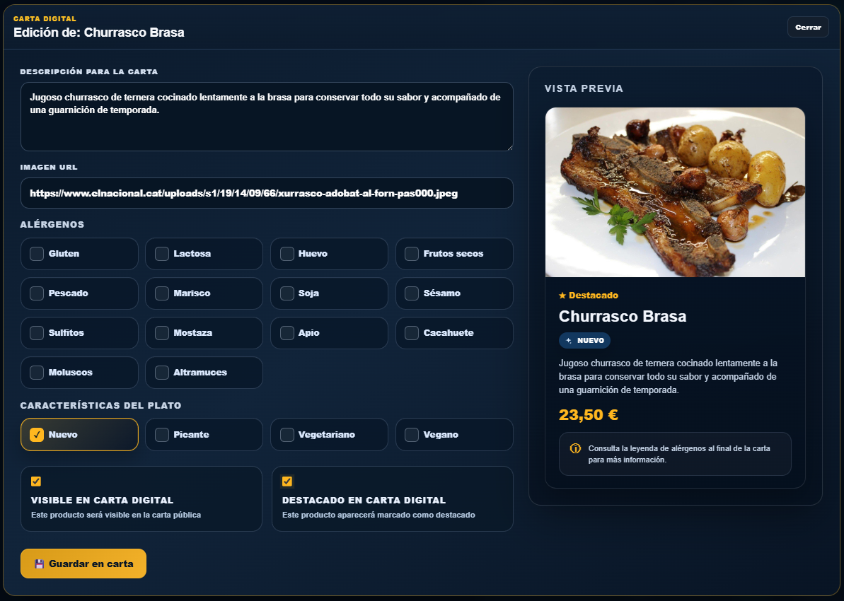 Mockup de edición de plato en carta digital PrimeRest con alérgenos, características, destacado, visibilidad y vista previa