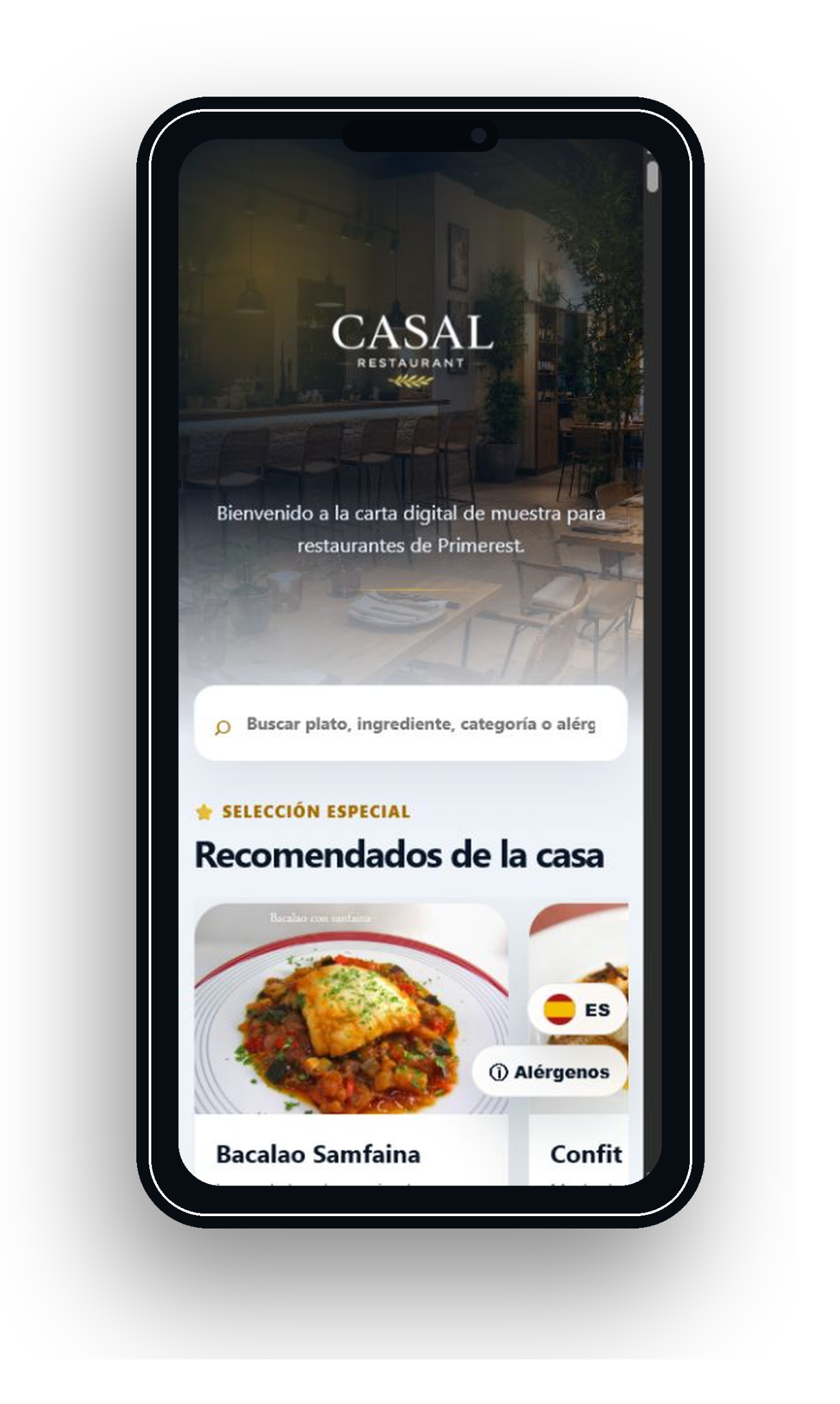 Menú digital para restaurante en móvil con portada, buscador, recomendados y acceso a alérgenos