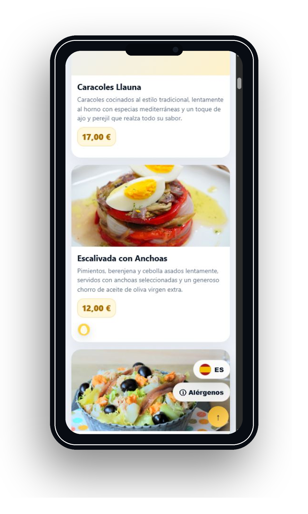 Carta QR de restaurante en móvil con productos, precios, fotos, idioma y botón de alérgenos