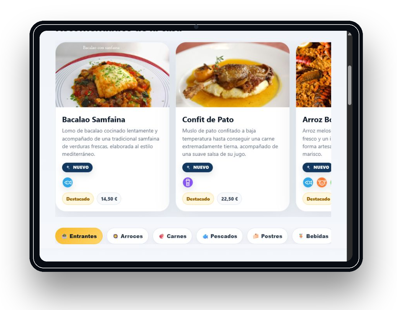 Carta digital para restaurante en tablet con platos, categorías, precios y fotos de productos