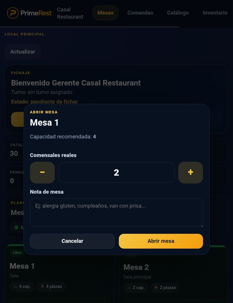 Mockup para abrir mesa en PrimeRest con número de comensales reales y nota de mesa