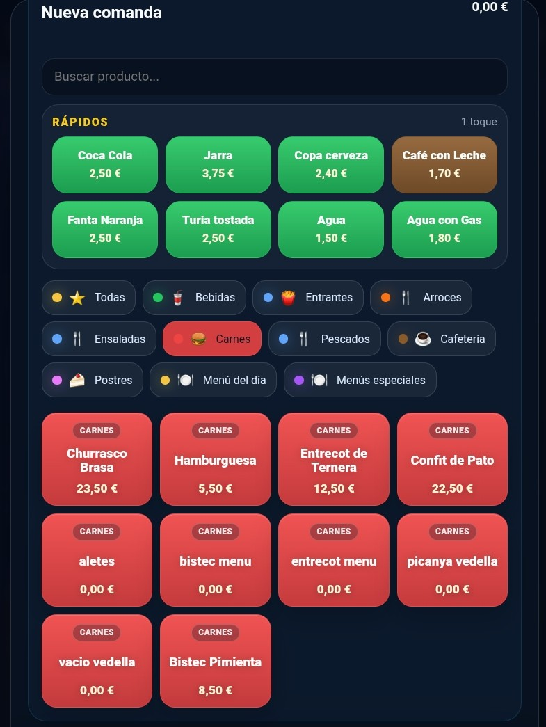 Mockup de comanda digital en tablet PrimeRest con productos por categoría y botones rápidos de platos más vendidos