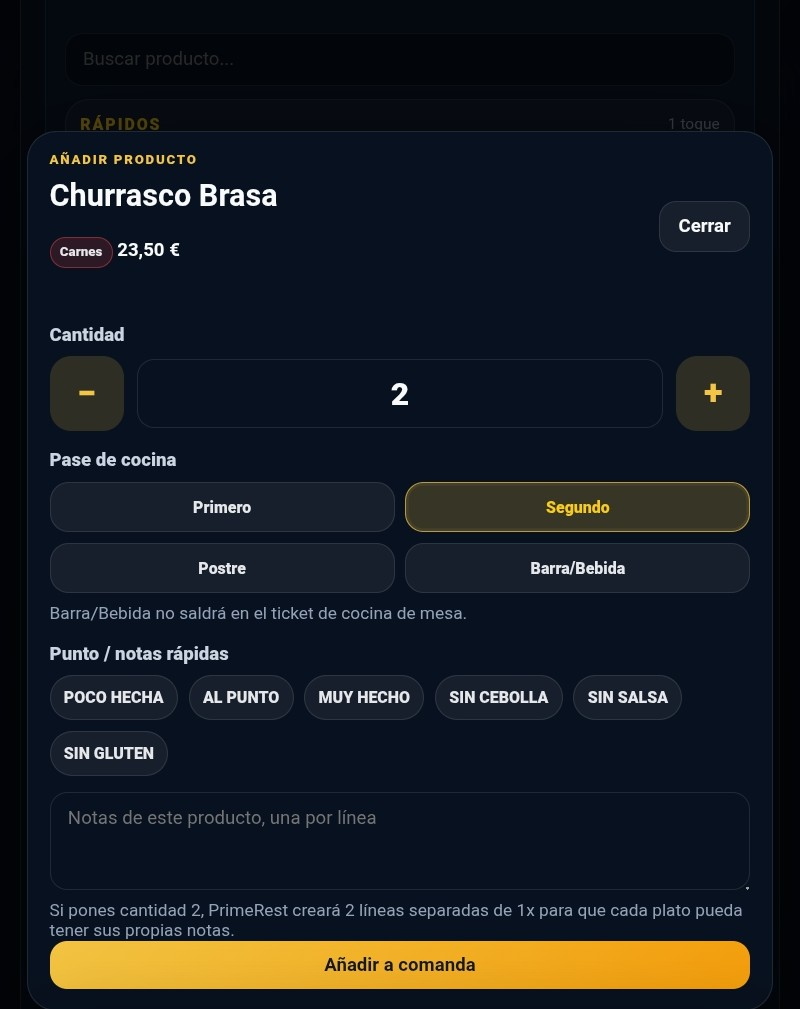 Mockup para añadir producto a la comanda con cantidad, pase de cocina, punto, extras y notas rápidas