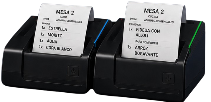 Dos impresoras completas de cocina y barra con tickets separados de la misma mesa en PrimeRest