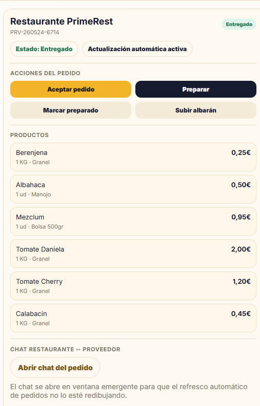 Pedido de proveedor en PrimeRest